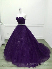 Beautiful Shiny Purple Tulle Beaded Ball Gonw Party Dresses, Purple Prom Dresses