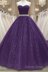 Beautiful Shiny Purple Tulle Beaded Ball Gonw Party Dresses, Purple Prom Dresses