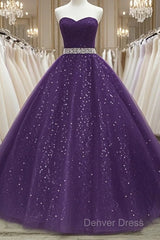 Beautiful Shiny Purple Tulle Beaded Ball Gonw Party Dresses, Purple Prom Dresses