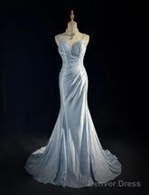 Beautiful Spaghetti Strap Mermaid Glitter Satin Long Prom Backless Applique Evening Gown Simple Wedding Dress