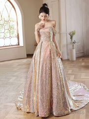 Beautiful Sparkly Sequins Long Prom Dress, Champagne Off Shoulder Evening Dress