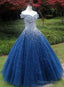 Beautiful Sweetheart Tulle Blue Beaded Prom Dresses, Blue Sweet 16 Gowns