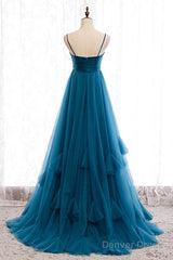 Beautiful Teal Blue Tulle Straps Long High Waist Prom Dress, Blue Evening Party Dresses