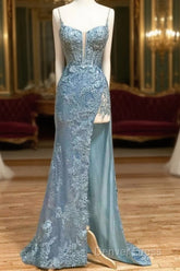 Beautiful Tiffany Blue Spaghetti Straps Tulle Applique Long Prom Dresses Sequined Evening Dresses With Slits
