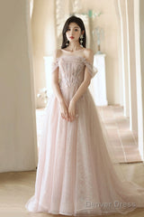 Beautiful Tulle Beaded Long Prom Dress, Light Pink Tulle Evening Dress