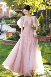 Beautiful Tulle Beaded Long Prom Dress, Pink Evening Dress Party Dress