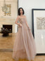 Beautiful Tulle Beaded Long Sleeves Prom Dresses, A-Line Champagne Evening Gown