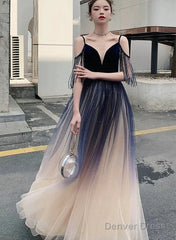 Beautiful Tulle Blue Gradient V-Neckline Straps Prom Dress, A-Line Tulle Formal Dress