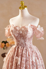 Beautiful Tulle Flower Knee Length Prom Dress, Off the Shoulder Short Sleeve Evening Party Dress