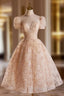 Beautiful Tulle Flower Tea Length Prom Dress, Off the Shoulder Short Sleeve Prom Dresses