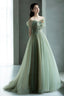 Beautiful Tulle Flowers Long Prom Dress, Green A Line Prom Dresses