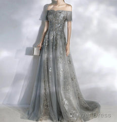 Beautiful Tulle Off Shoulder Prom Dress Lace-Up Evening Dress Gown, Grey Prom Dresses