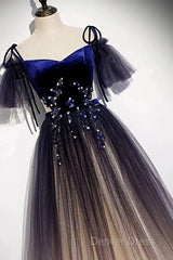 Beautiful Velvet And Gradient Tulle Long Party Dresses, Straps Long Evening Gown