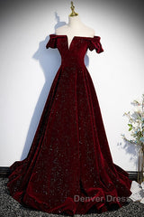 Beautiful Wine Red Off Shoulder Velvet Long Party Dresses, A-Line Dark Red Prom Dresses