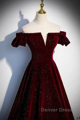 Beautiful Wine Red Off Shoulder Velvet Long Party Dresses, A-Line Dark Red Prom Dresses