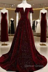 Beautiful Wine Red Off Shoulder Velvet Long Party Dresses, A-Line Dark Red Prom Dresses