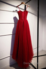 Beautiful Wine Red Tulle Long Straps Party Dresses Prom Dresses, A-Line Dark Red Formal Gown