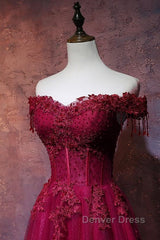 Beautiful Wine Red Tulle Sweetheart Long Prom Dresses, A-Line Party Dresses