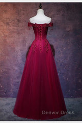 Beautiful Wine Red Tulle Sweetheart Long Prom Dresses A-Line Party Dresses Elegant Evening Dresses