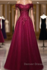 Beautiful Wine Red Tulle Sweetheart Long Prom Dresses A-Line Party Dresses Elegant Evening Dresses