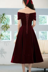 Beautiful Wine Red Velvet Bridesmaid Dress, Off Shoulder Tea Length Prom Dresses