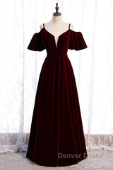 Beautiful Wine Red Velvet Off Shoulder Floor Length Party Dresses, Velvet Junior Prom Dresses