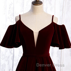 Beautiful Wine Red Velvet Off Shoulder Floor Length Party Dresses, Velvet Junior Prom Dresses