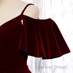 Beautiful Wine Red Velvet Off Shoulder Floor Length Party Dresses, Velvet Junior Prom Dresses