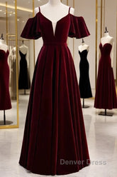 Beautiful Wine Red Velvet Off Shoulder Floor Length Party Dresses, Velvet Junior Prom Dresses
