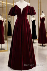 Beautiful Wine Red Velvet Off Shoulder Floor Length Party Dresses, Velvet Junior Prom Dresses