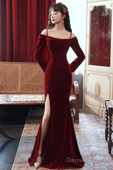 Beautiful Wine Red Velvet Off Shoulder Party Dress, Mermaid Long Prom Dress Evening Dress