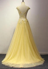 Beautiful Yellow Long Prom Dresses, A-Line Round Neckline Formal Dresses