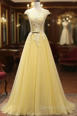 Beautiful Yellow Long Prom Dresses, A-Line Round Neckline Formal Dresses