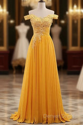 Beautiful Yellow Off Shoulder Long Party Dresses, Sweetheart Formal Dresses