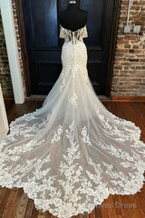 Beige Appliques Off-The-Shoulder Trumpet Long Wedding Dress Beautiful