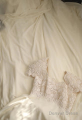 Beige Square Neck Chiffon Lace Empire Dress Long Prom Dress Beaded Wedding Dress