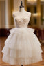 Beige Sweetheart Neck Tulle Puffy Short Prom Dresses, Beige Homecoming Dresses