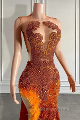 Mermaid Style Burnt Orange Sequins Prom Dresses with Side Slit Long Length Beadings and Feathers