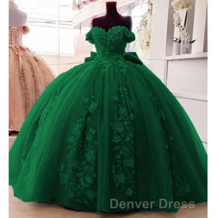 Big Bow Floral Flower Lace Applique Off Shoulder Ball Gown Quinceanera Dresses