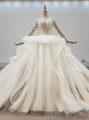 Biggest Sale Champagne Ball Gown Tulle Beading Sequins Long Sleeve Wedding Dress