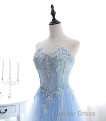 Light Blue Tulle Lace Long Prom Dresses, Formal Dresses
