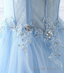 Light Blue Tulle Lace Long Prom Dresses, Formal Dresses