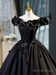 Black A-Line Floor Length Prom Dress With Pearl, Off The Shoulder Evening Party Dress