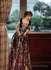 Black A-Line Floral Satin Straps Long Party Dress, Black Satin Prom Dress