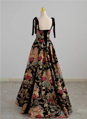 Black A-Line Floral Satin Straps Long Party Dress, Black Satin Prom Dress