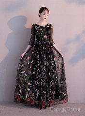 Black A-Line Floral Tulle Prom Dress Party Dress, Black Evening Formal Dress