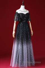 Black A-Line Gradient Tulle Short Sleeves Prom Dresses, Black Long Evening Dresses