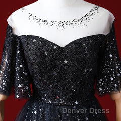 Black A-Line Gradient Tulle Short Sleeves Prom Dresses, Black Long Evening Dresses