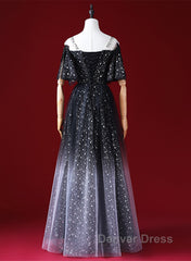 Black A-Line Gradient Tulle Short Sleeves Prom Dresses, Black Long Evening Dresses