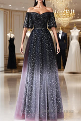 Black A-Line Gradient Tulle Short Sleeves Prom Dresses, Black Long Evening Dresses